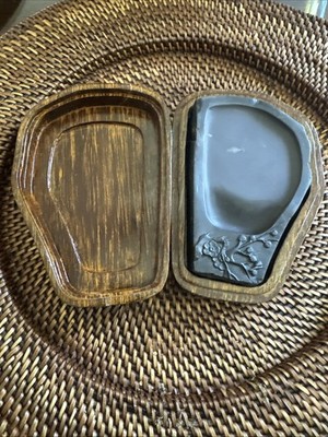 Vtg Carved Chinese Duan Ink Stone In Wooden Case Dragon Design Calligraphy  