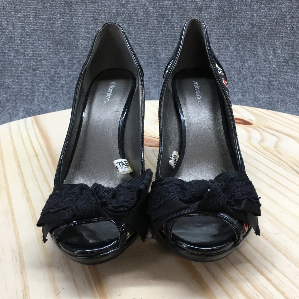 Xhilaration Pumps Womens 8.5M Black Floral Bow Peep Toe Slip On Stiletto Casual - Image 4 of 4