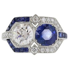 2Ctw White Round And Blue Sapphire Round CZ Art Deco Engagement Ring 925 Silver