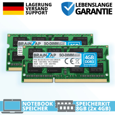 8GB, 2x 4GB DDR3 RAM SO-DIMM PC3-10600S 2Rx8 1333MHz 1.5 V Notebook Speicher CL9
