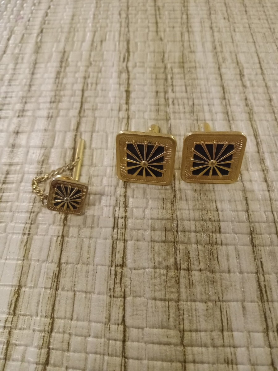 ★Golden ★ Brushed Vintage Nelson Man to Man Pink GUP0 Cuff Links & Tie Pin VINTAGE Gold Tone and Enamel Square