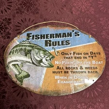 River's Edge Products Oval Tin Sign Fishermans Rules Weatherproof 12x17in
