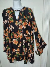 Umgee Black Orange Floral Long-Flare-Sleeve Relaxed Tunic Blouse Top W Cutout M