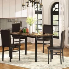 5PCS Dining Table Set Modern Faux Marble Tabletop 4 PU Leather Upholstered Chair