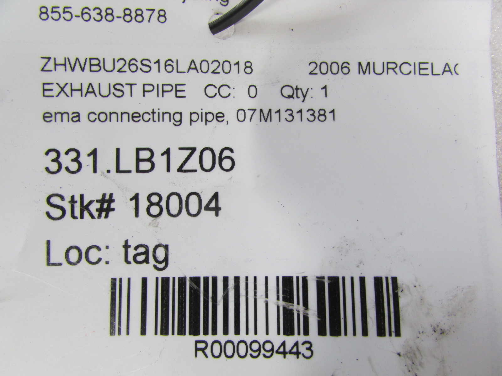 Lamborghini Murcielago, EMA Connecting Pipe, Used, P/N 07M131381