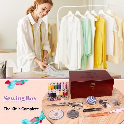 Portable 153 Piece Sewing Kit with Handheld Machine & Stylish Wooden Organizer - Picture 4 of 9