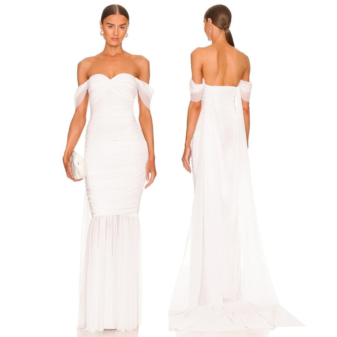 Norma Kamali Walter Fishtail Gown Off Shoulder Wedding Fairy Whimsical XS/34