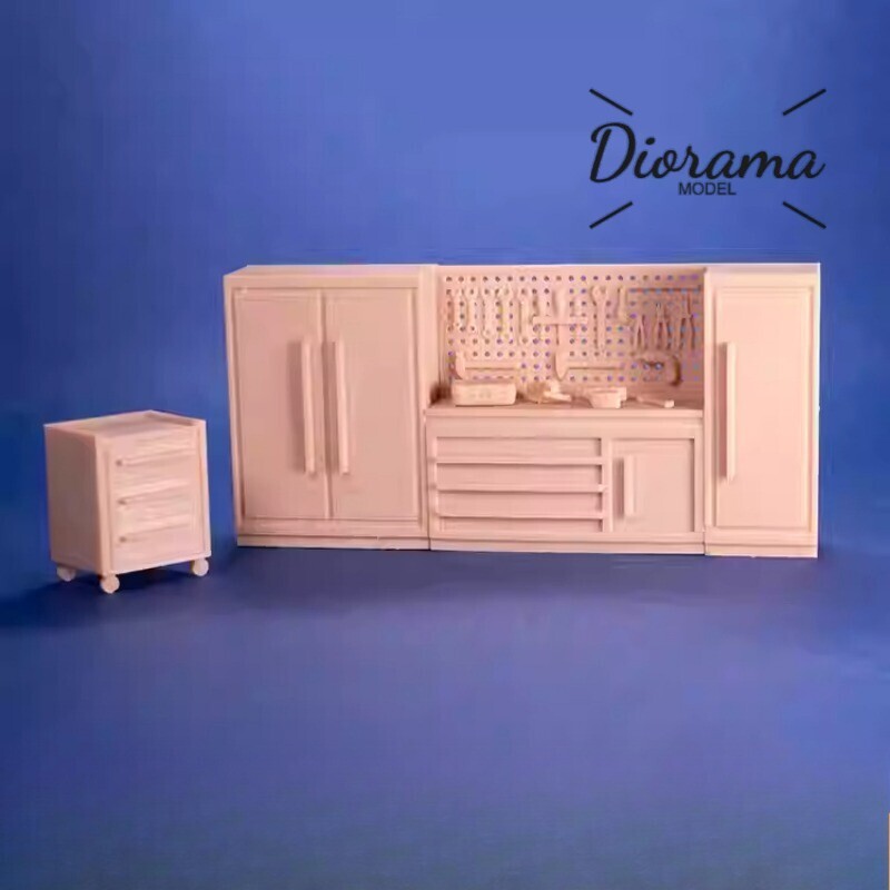 1/64 Unpainted Diorama Garage Tool Cabinet Workbench Model Set for Scenes