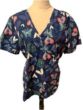 Movie Star Scrub Top Navy W Hearts  Butterflies Back Tie Size 1X