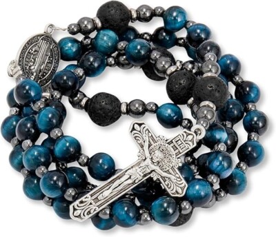 Men's Blue Tiger Eye Catholic Rosary Necklace with Lava Beads & Cross