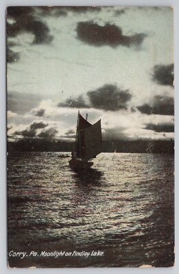 Moonlight Sailing on Findley Lake Corry Pennsylvania c1910s Antique Postcard