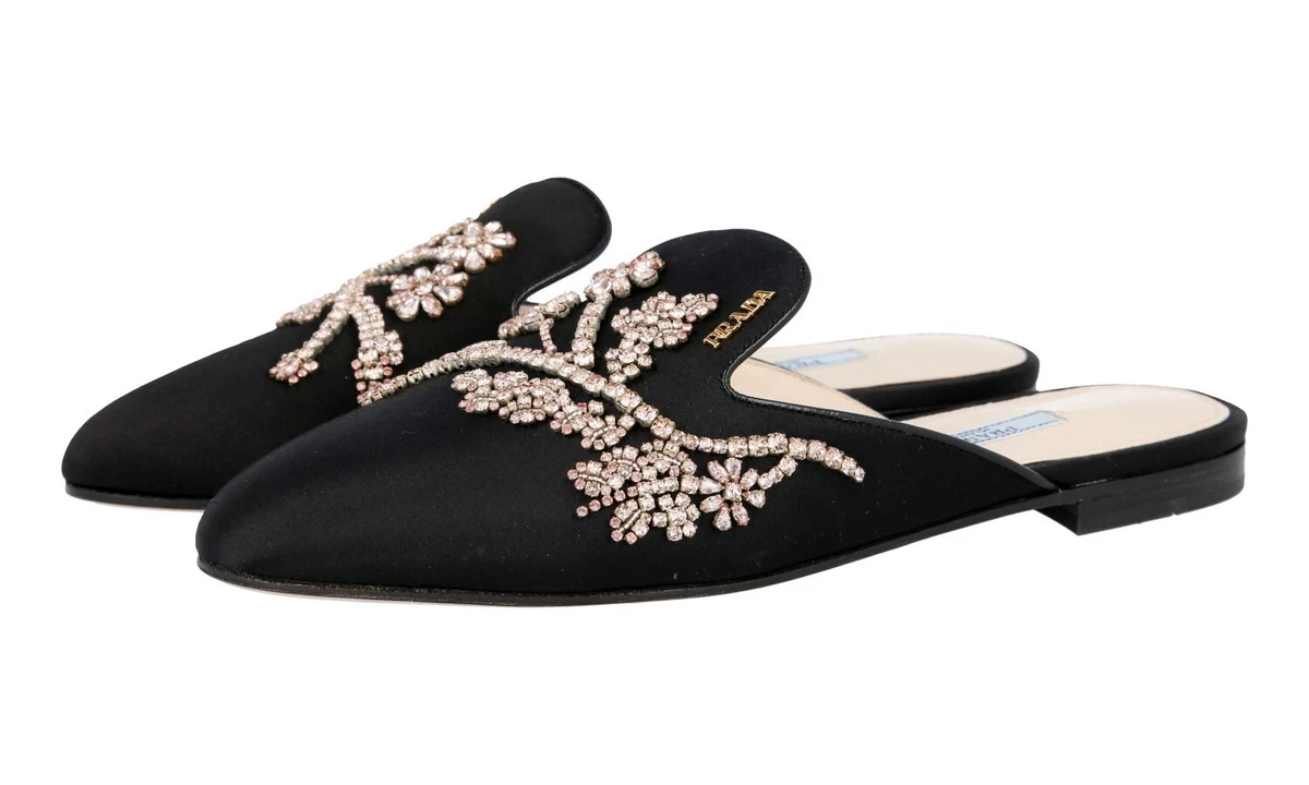 PRADA CRYSTAL MULES SLIDES SLIPPERS SANDALS 1S667I BLACK US 8 EU 38 38 5