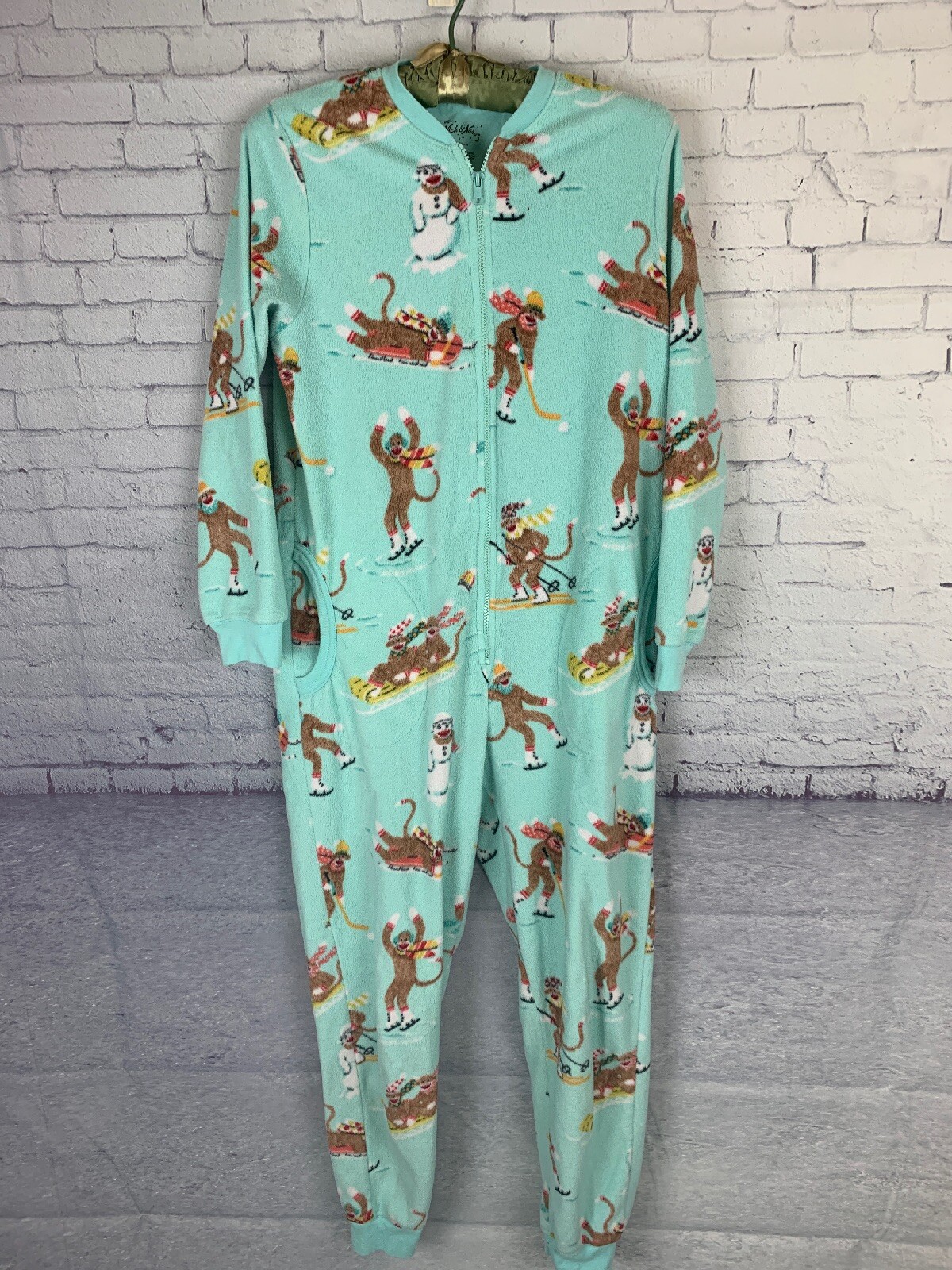 Nick & Nora Fleece Union Suit Pajamas SOCK MONKEYS Sm… Gem