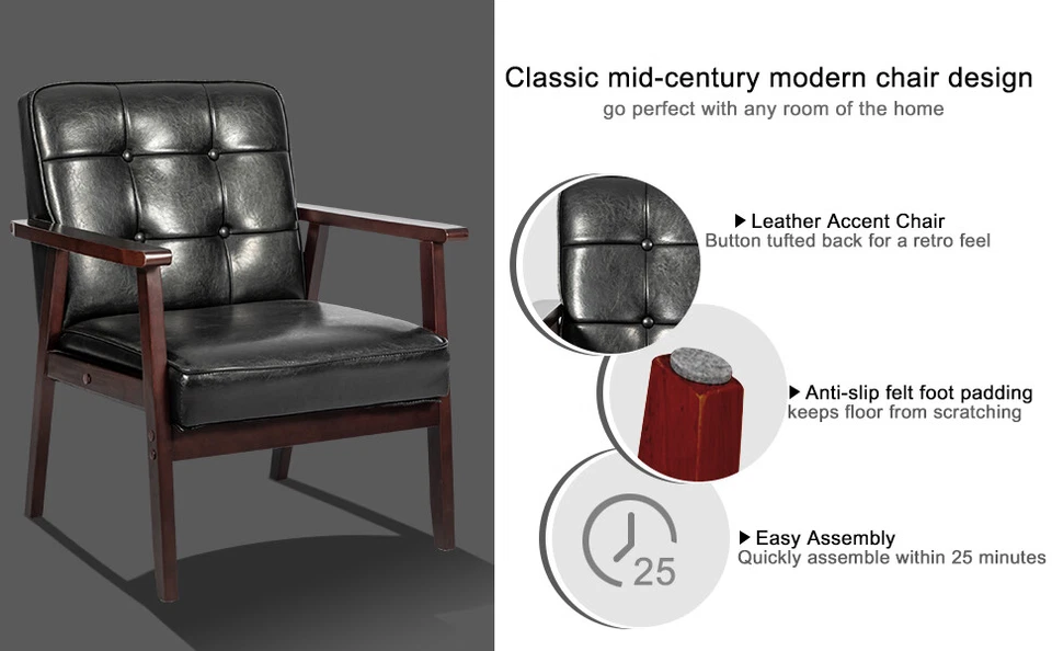 Mid Century Modern Accent Chair, Retro Wood and Leather Armchairs Side Chair - Image 3 of 4