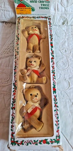 Flocked Christmas Ornaments 3 Little Bears Star Creation Hong Kong Vintage