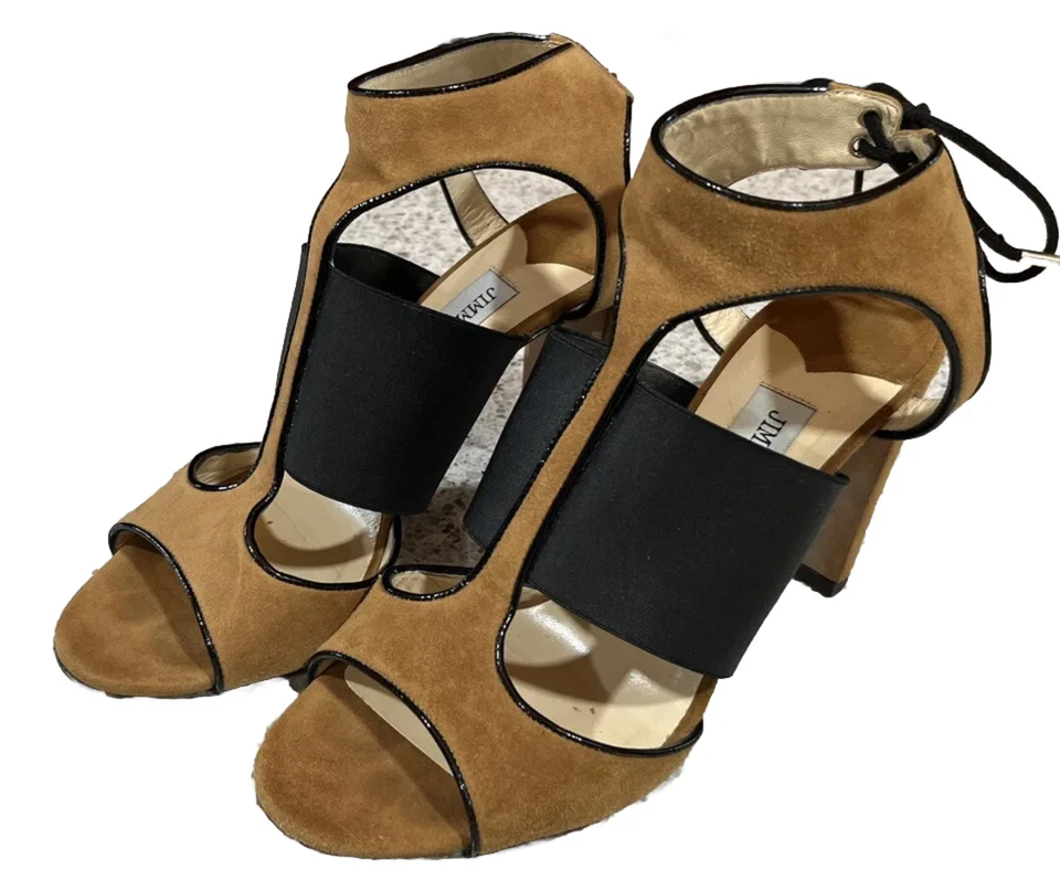 Jimmy Choo (Size 38, 8 US) Moira 85 Tan Suede Heels Laces Open-Toe Sandals Block - Image 2 of 4