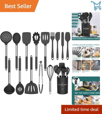 Silicone Kitchen Utensil Set 15pcs Non-Stick Stainless Steel Handle Dishwashe...