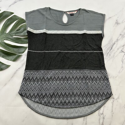 Desigual Womens Knit Top Sz M Gray Silver Jacquard Mixed Texture Woven Key Hole