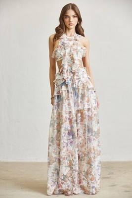 Watercolor Floral Ruffle Maxi Dress with Cutouts & High Neck - Blithe 