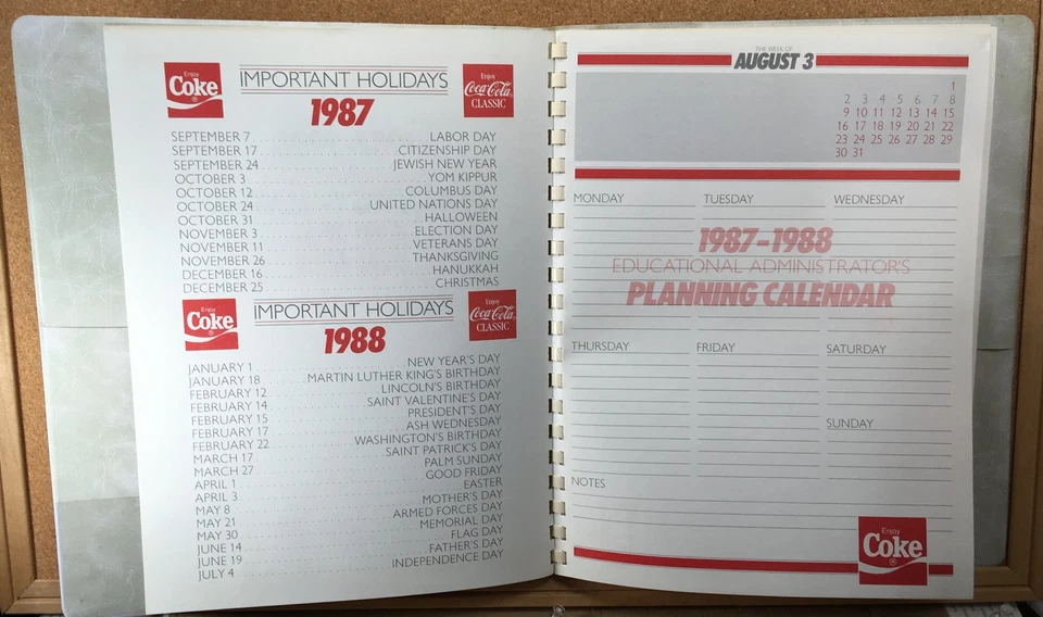 1987-88 COCA~COLA WEEKLY EDUCATIONAL ADMINISTRATOR'S PLANNING CALENDAR UNUSED - Image 4 of 4