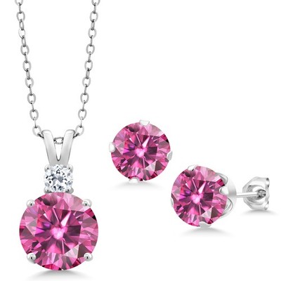 925 Sterling Silver Pink Moissanite and White Topaz Pendant and Earrings