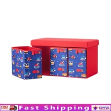 Kids Storage Bench W/ 3 Drawers Red Truck Pattern Playroom Seating Toy Organizer