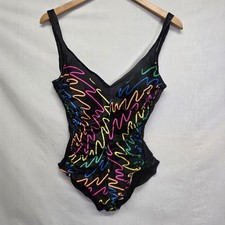 Vtg Rose Marie Reid Swimsuit One Piece Size 12 Black PinUp Colorful Print