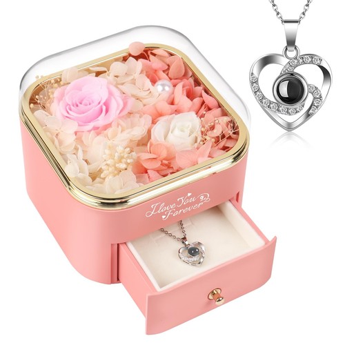 Mothers Day Flower Gifts for Mom Preserved Real Pink Rose with Heart Necklace...