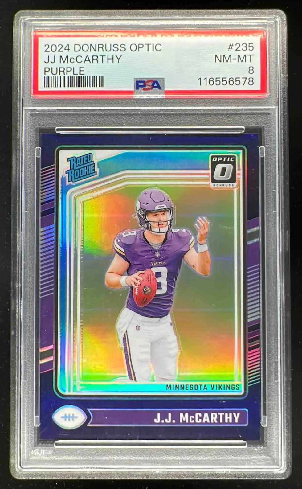 2024 Panini Donruss Optic Purple #235 J.J. McCarthy Rated Rookie /60 PSA 8