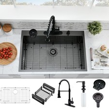 33x22 Drop In Kitchen Sink and Faucet Combo Set, Black Stainless Steel Kitche...