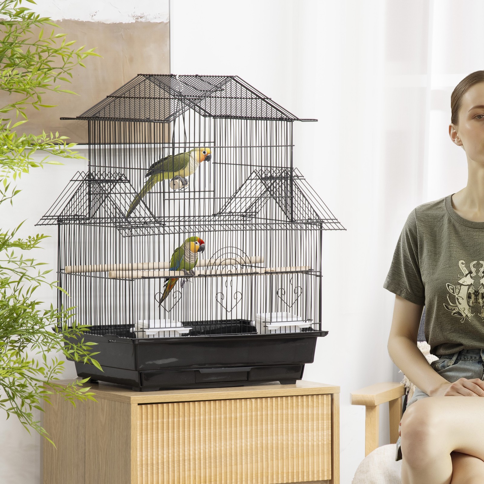 Metal Bird Cage Black With Perch Food Container