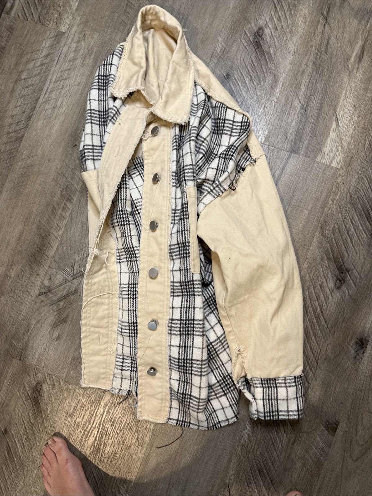 Distressed Raw Edge Plaid Patchwork Denim Jacket … - image 10