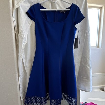Donna Ricco Fit & Flare Cap Sleeve Scoop Neck Solid Blue Knee Dress 8