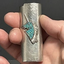 Lighter Unicorn Cover Sleeve Case Metal Silver Tone Chip Turquoise BIC Shaped