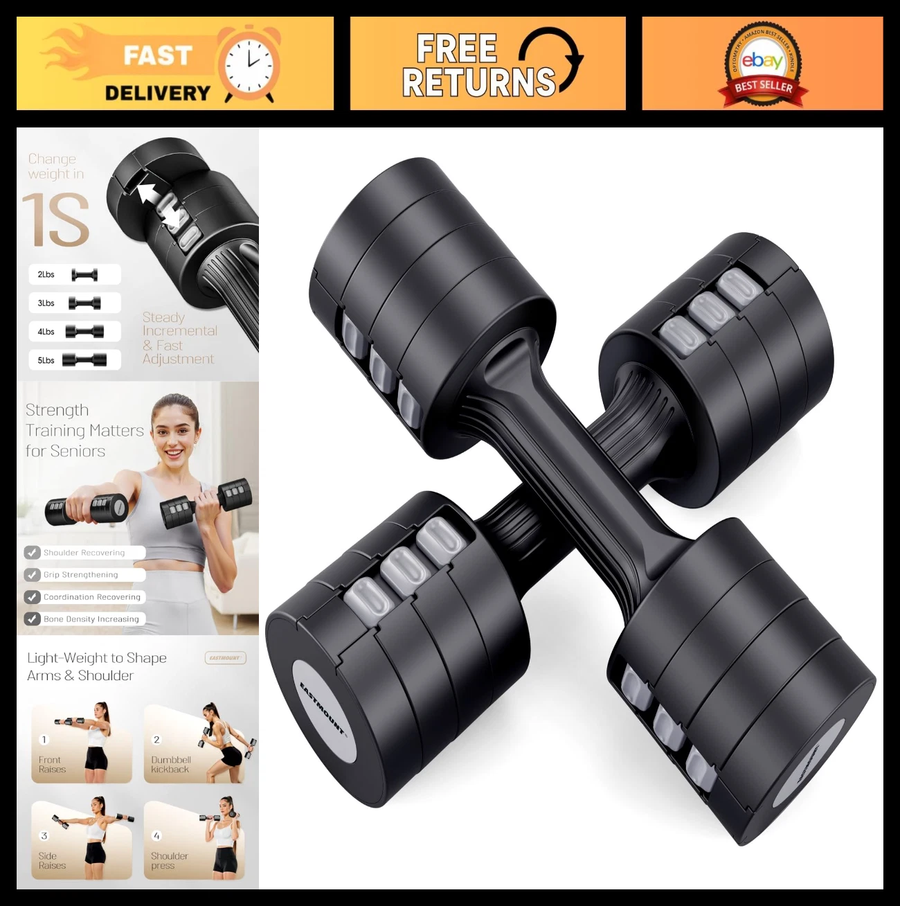 Adjustable Dumbbells Set of 2 - 10 lb Total Free Weights for Home Gym, Fast Adju