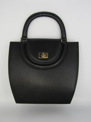 Vintage Bally Black Textured Leather Structured Top Handle Handbag Gold Hardware