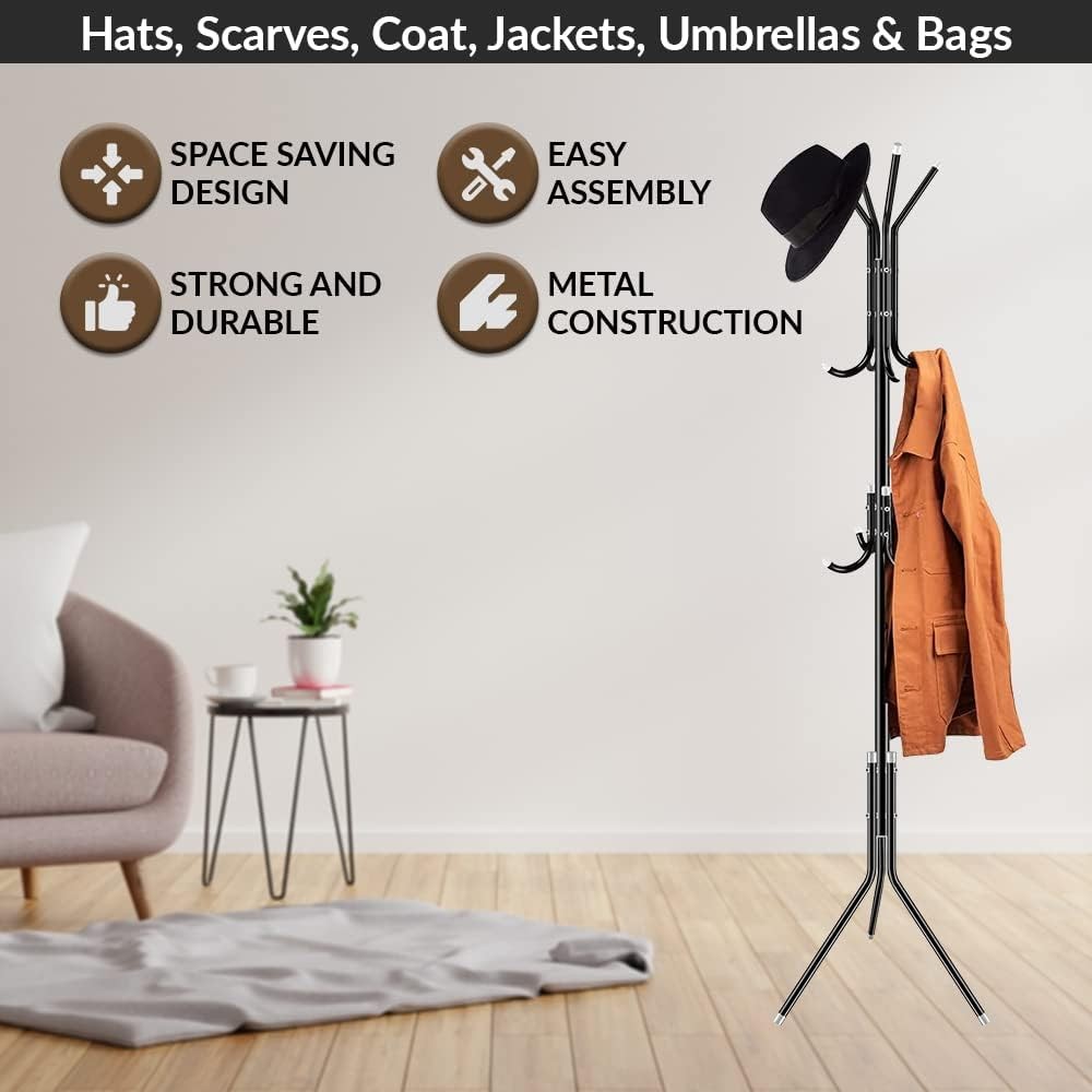 Steel Coat Hanger Tree With 12 Hooks Free Standing Coat Hanging Rack For Hallway