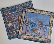 Pair Of Tapestry Cushion Covers Garden/Birdhouse Designs, 18" X 17", Cottagecore