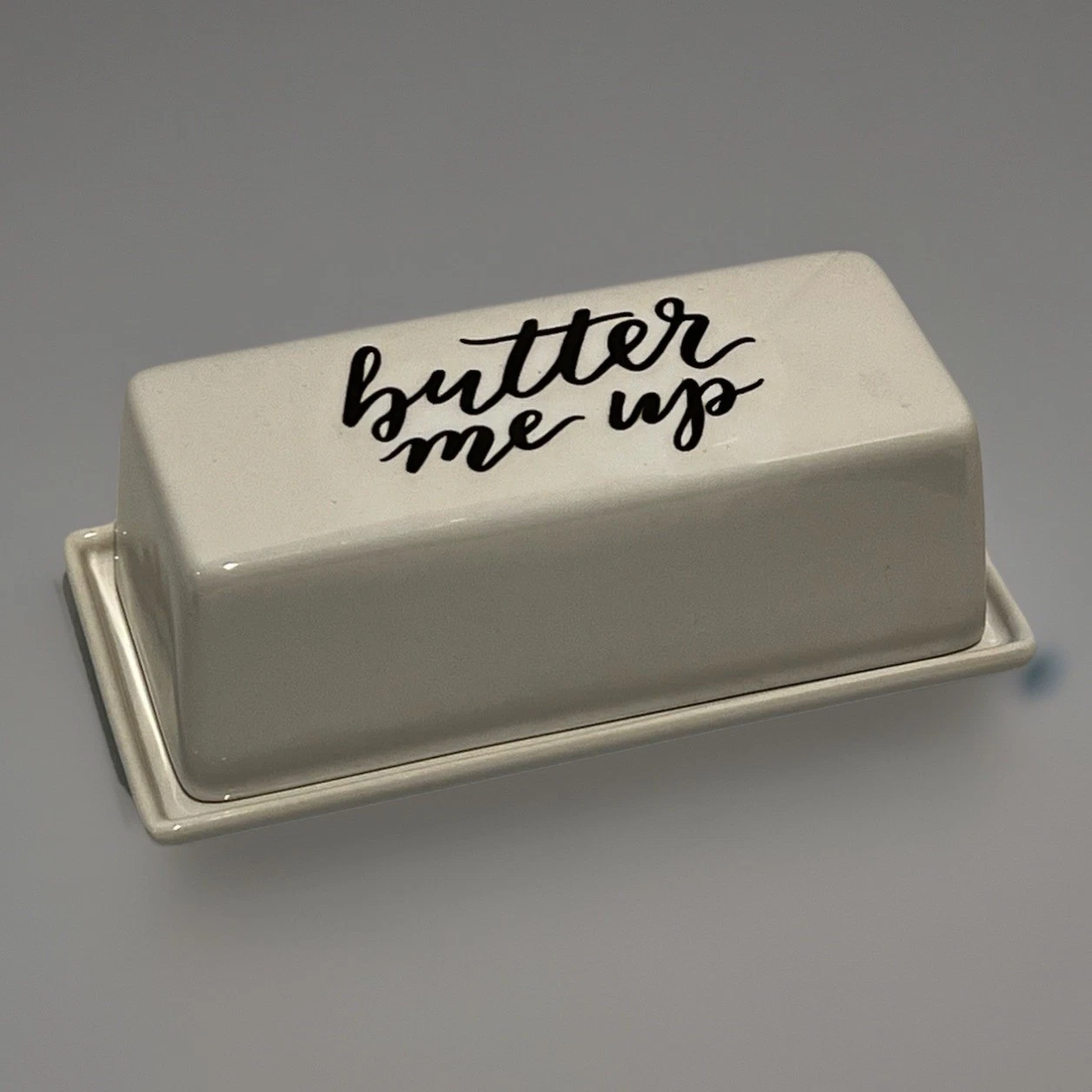 Butter Me Up Stonewear Butter Dish w/Lid Threshold White w/Black Letters NWT
