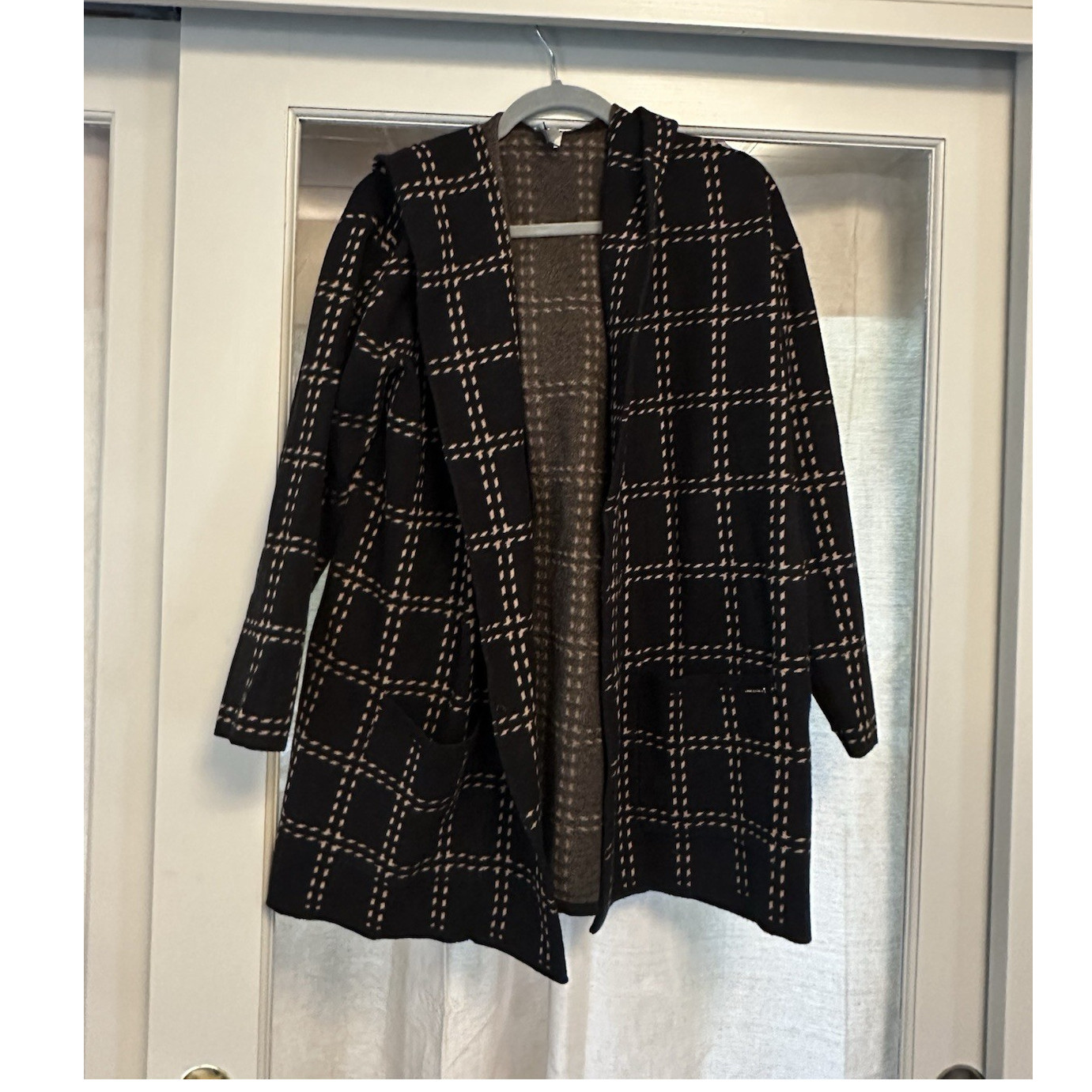 Anne Klein Black Beige Hooded Plaid Knit Cardigan Sweater Long Sleeve XL