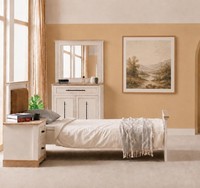 Bett Einzelbett Holzbett Beige Modern Jugendbett Kopfteil Schlafzimmer