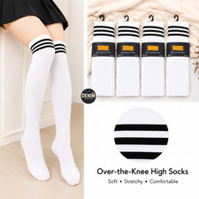 4 Pairs Women s Over-the-Knee High Socks White Athletic Sports Tube Size 9-11