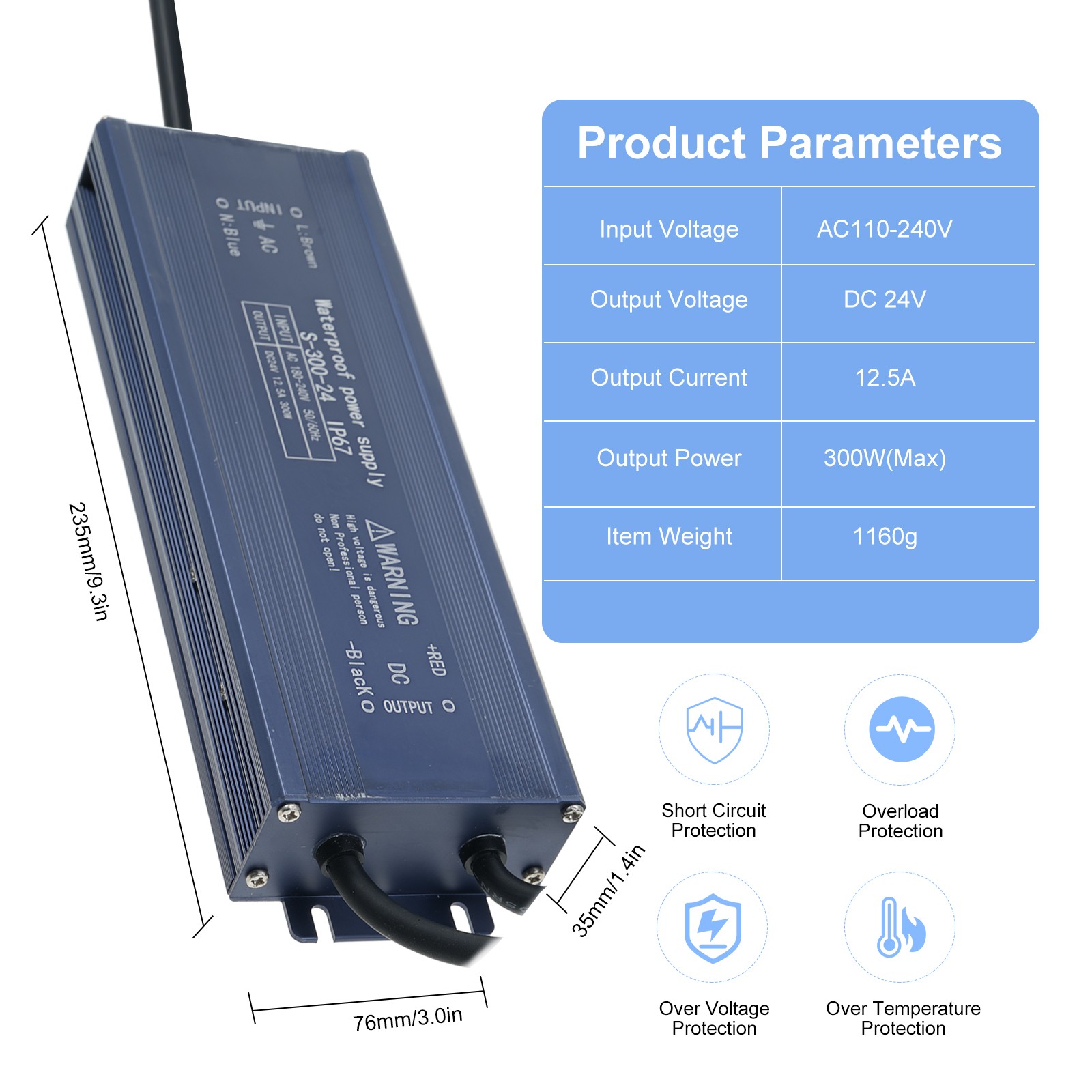 IP67 Waterproof LED Driver Switch Power Supply Transformer Adapter AC 180V-240V