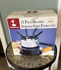 New Roshco 11 Piece Brushed Stainless Steel Fondue Set NIB