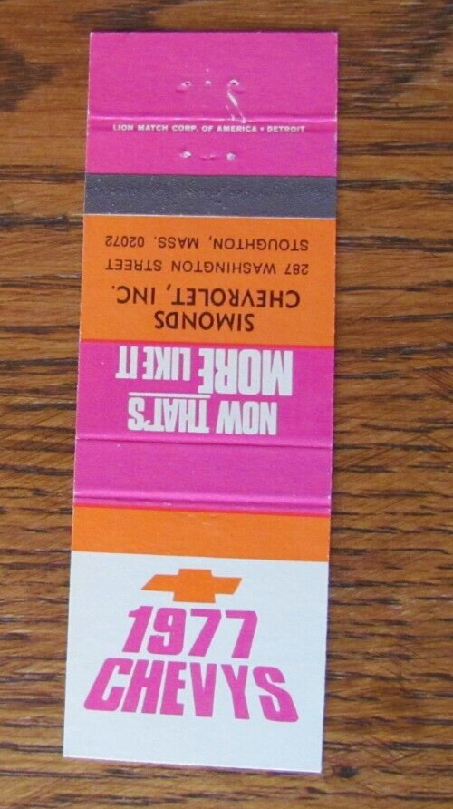 1977 CHEVROLET CAR DEALER MATCHBOOK COVER SIMONDS STOUGHTON, MA