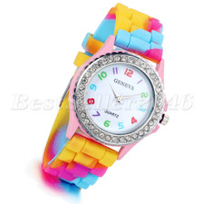 Classic Wrist Watch Jelly Silicone Rainbow Band Rhinestone Quartz Watch Women