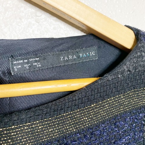Zara Basic Striped Metallic Sweater Dress Navy Black Gold 4% Wool Lined Mini S - Picture 4 of 6