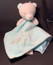 Baby Starters Teddy Bear Lovey Blue Grey Be Happy Security Blanket Satin back