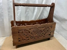 Vintage Rose Pattern Carved Wood Magazine Holder Record Rack 17x16.5"