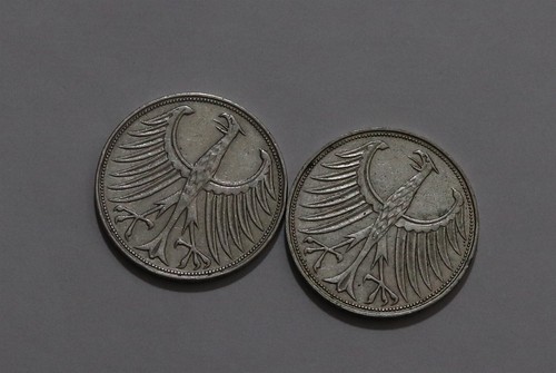 🧭 🇩🇪 GERMANY FEDERAL 5 MARK 1951 F + 1951 G BOTH SILVER B79 #2 III22 - Picture 2 of 2